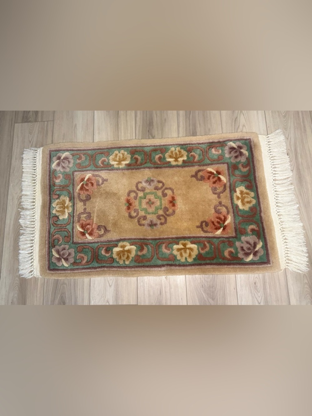 SOLD! - Trans‑Ocean Hand‑Carved Wool Accent Rug | 2x3 | Floral Border | Vintage - Picture 7 of 12